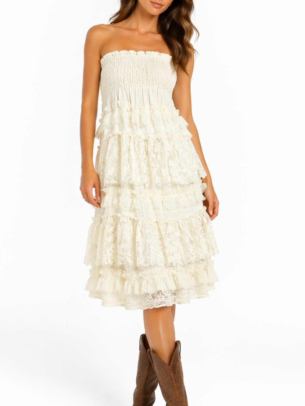 Rancho Estancia Smocked Strapless Layered Ruffle Lace Embroidery Midi Dr…